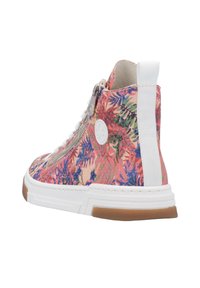 Baskets montantes avec un motif floral multicolore. Comprend une semelle en caoutchouc blanc, une fermeture éclair sur le côté et une languette à l'arrière.