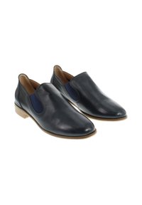 Chaussures à enfiler en cuir bleu marine avec des panneaux latéraux élastiques, un bout en forme d'amande, un petit talon en bois et une texture lisse.