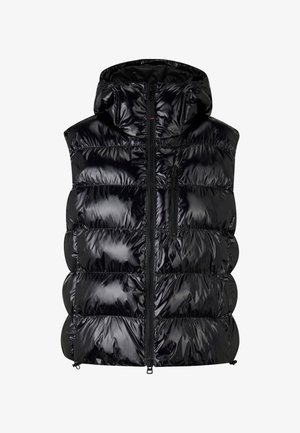 Sorte puffervest med en glat overflade, justerbar hætte og frontelukning med lynlås. Har quiltede sektioner og en lille lynlås-lomme.