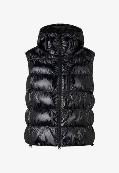 Czarna kamizelka puchowa o błyszczącej powierzchni, z regulowanym kapturem i zapięciem na zamek z przodu. Posiada pikowane sekcje oraz małą kieszeń na zamek.