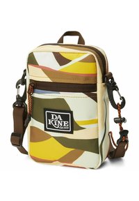 Borsa DAKINE multicolore con un motivo geometrico. Realizzata in tessuto resistente, presenta una maniglia superiore, una tracolla regolabile e scomparti con zip.
