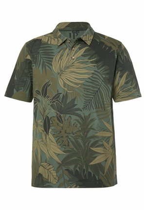 Short-sleeve polo shirt with green and brown tropical leaf pattern and three-button placket.