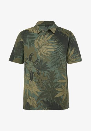Polo a maniche corte con motivo di foglie tropicali verdi e marroni e abbottonatura a tre bottoni.