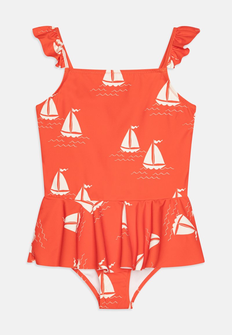 Maiô vermelho com estampado de barco à vela branco, alças de ombro com babados e saia ampla na cintura. Feito de material elástico.