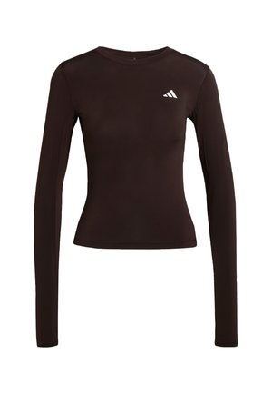 Long-sleeve black athletic top made of smooth material, featuring a crew neck and a white three-stripe logo on the upper left chest.