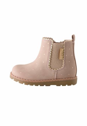 Rosa Wildleder-Kinderknöchelstiefel mit hellen Polka-Dots, gewelltem Abschluss, elastischem Seitenteil und brauner Gummisohle.