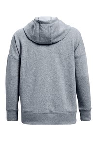 Sweat à capuche gris avec une texture douce, doté d'une capuche, d'une coupe oversize, de poignets et d'un ourlet côtelés, et d'un design simple et sans ornements.