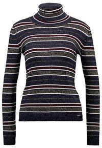 Pull col roulé marine avec des rayures horizontales en blanc, bordeaux et or métallique. Tissu tricoté au design ajusté avec des accents côtelés.