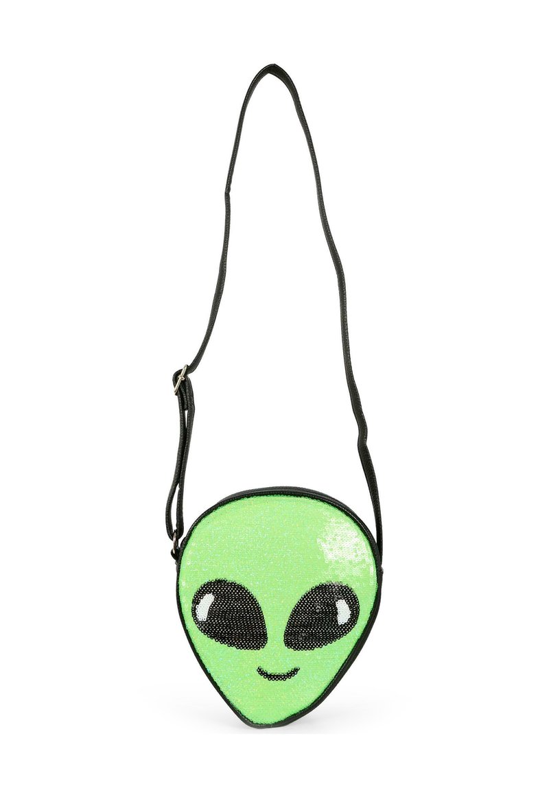 Piccolo borsello a tracolla a forma di volto di alieno verde con grandi occhi neri e un piccolo sorriso, dotato di una tracolla nera regolabile.