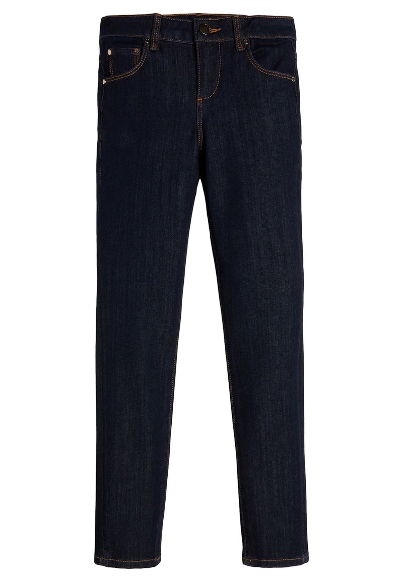 Pantalones vaqueros de mezclilla oscura con un corte ajustado, diseño de cinco bolsillos y detalle de costuras naranjas a lo largo de las costuras y bolsillos. Sin desgastes visibles ni adornos.