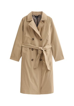 Trench coat beige realizzato in tessuto leggero. Presenta un colletto doppiopetto, vita con cinturino e un motivo a scacchi all'interno.