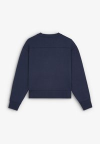 Felpa corta blu navy con maniche lunghe, collo a giro e tessuto testurizzato. Presenta una cucitura orizzontale sulla parte superiore della schiena.