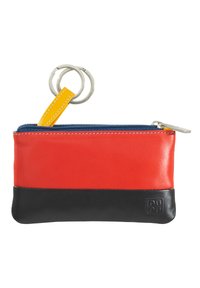 Portafoglio in pelle rosso e nero con zip gialla, anello portachiavi circolare, superficie liscia e cuciture di colori contrastanti.