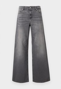 Széles szárú farmernadrág fakó sötétszürke farmeranyagból. Klasszikus derékpánttal, öt zsebbel és finom kopásnyomokkal az elülső részen.