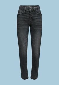 Jean noir taille haute, coupe slim, avec poches avant, passants de ceinture, bouton et fermeture éclair sur fond uni bleu clair.