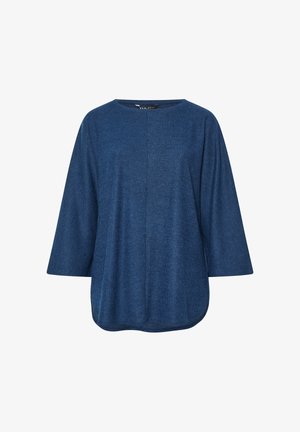 Blå, langærmet bluse med rund halsudskæring. Stoffet har en tekstureret overflade med subtile mønstre. Nederste kant er buet, og ærmerne er brede og afslappede.