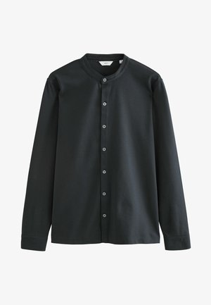 Schwarzes Langarm-Hemd mit Knopfleiste, runder Kragen, Frontknopfverschluss und glattem Baumwollmaterial mit minimaler Textur.