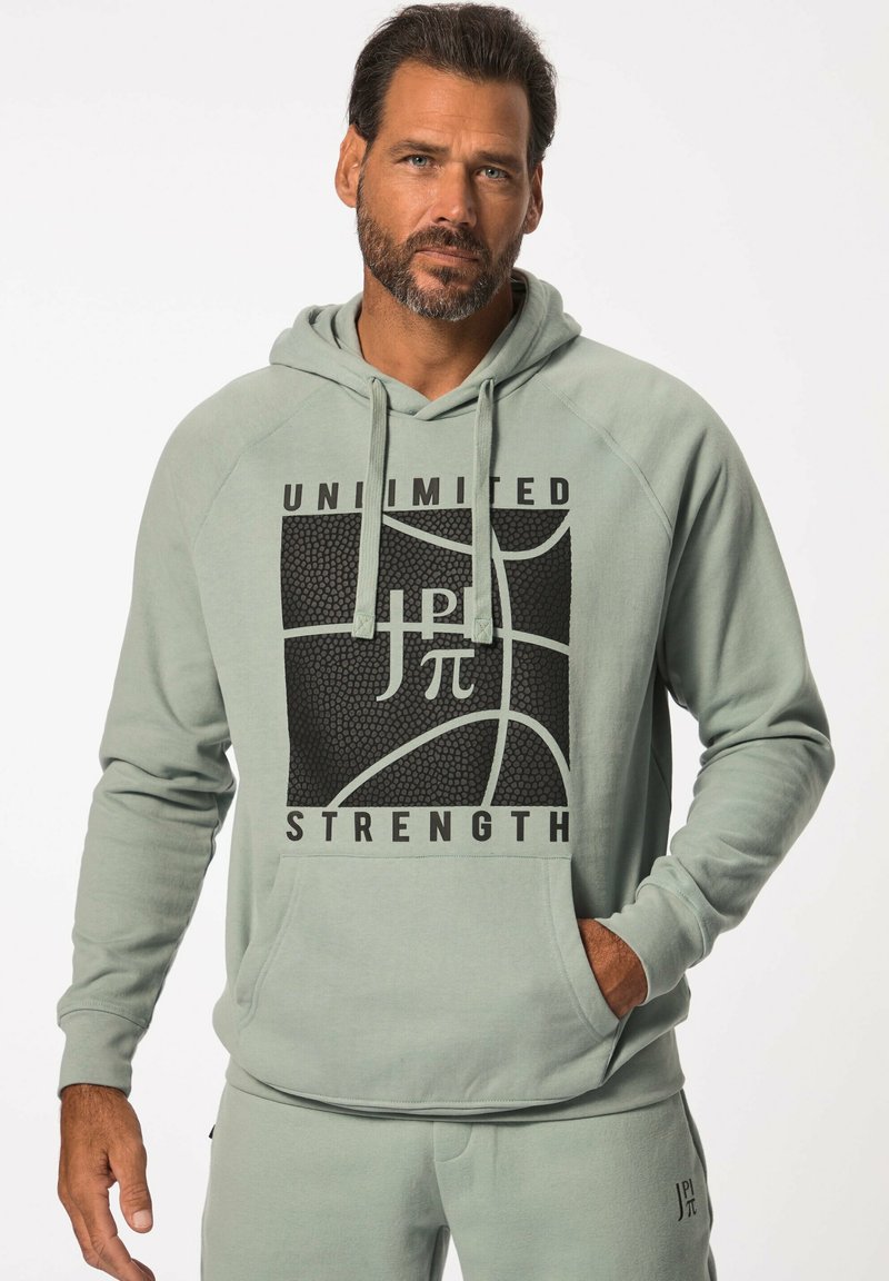 Miętowa bluza z kapturem wykonana z miękkiego materiału, z czarną, teksturowaną grafiką z napisem "UNLIMITED STRENGTH", kieszenią typu kangur oraz regulowanym kapturem.