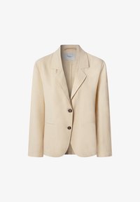 Blazer beige con cuello muesca, dos botones frontales y dos bolsillos. Confeccionado con un tejido texturizado y un corte relajado.