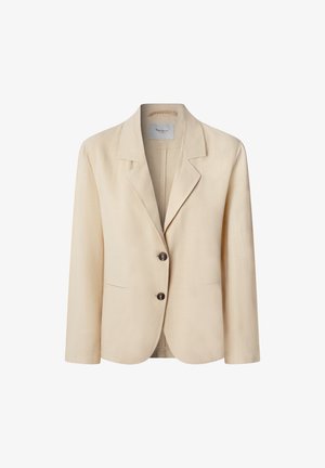 Beige blazer featuring a notched collar, two front buttons, and two pockets. Made of textured fabric with a relaxed fit.