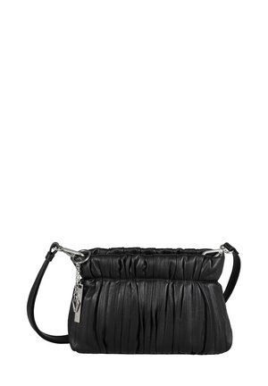 Black leather handbag with gathered texture, silver hardware, and adjustable strap. Features a subtle hanging tag accent.