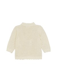 Strickjacke in Off-White, mit lockerer offener Webart, gewelltem Kragen und langen Ärmeln. Die Rückansicht zeigt ein strukturiertes Muster im gesamten Kleidungsstück.