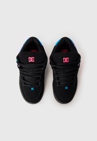 Black sneakers with padded tongues, textured black fabric, blue and pink accents, and distinct logo on the sides and tongues.