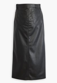 Jupe midi en cuir noir avec une silhouette ajustée, comportant deux poches arrière avec un détail de couture arrondi et un ourlet droit.