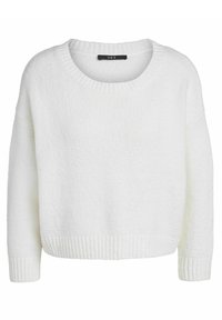 Suéter blanco de punto con cuello redondo y mangas caídas. Con puños y dobladillo acanalados, presenta una tela suave y texturizada.