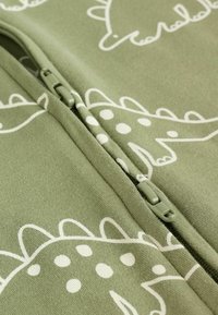 Combinaison zippée verte pour enfants avec des motifs de dinosaures blancs et une texture douce, mettant en avant des designs ludiques avec des accents texturés.