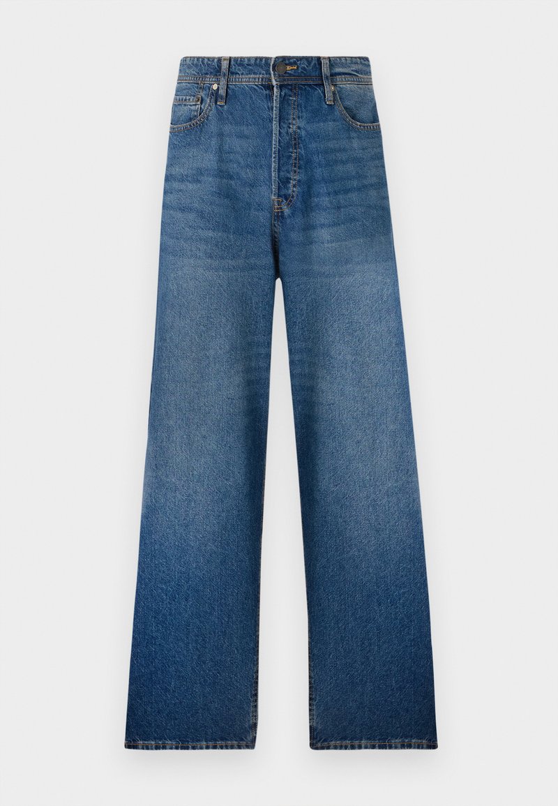 Jeans de mezclilla azul de pierna ancha con cintura alta, con cierre de cremallera, cinco bolsillos y un sutil desvanecimiento. Detalles cosidos a lo largo de las costuras.
