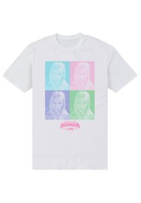 Weißes Baumwoll-T-Shirt mit einem mehrfarbigen Grafikdruck einer weiblichen Figur in blauen, pinken und grünen Quadraten, mit dem Text "HORROR LINE" darunter.