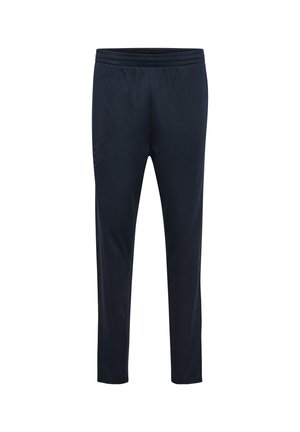 Pantaloni sportivi blu navy con vestibilità slim, vita elastica e tessuto testurizzato. Presentano un discreto logo laterale.