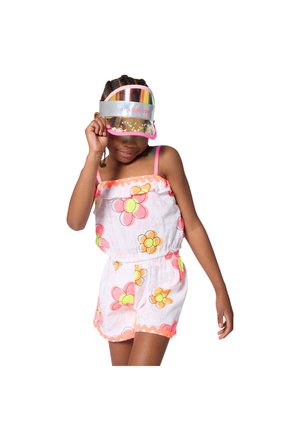 Λευκό ρομπέρ με πολύχρωμα ανθικά σχέδια σε ροζ, κίτρινο και πράσινο. Διαθέτει βολάν στο ντεκολτέ και ελαστική μέση. Μεταλλική βίζιρα με ροζ λεπτομέρειες.