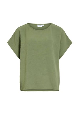 Blouse verte olive clair à manches courtes avec un col rond et un motif subtil en tissu texturé.