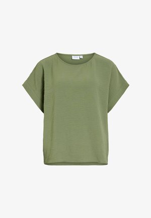 Blouse verte olive clair à manches courtes avec un col rond et un motif subtil en tissu texturé.