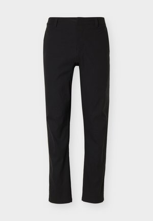 Črne hlače ozkega kroja z zankami za pas, ravnim sprednjim delom in ravnimi hlačnicami, prikazane na belem ozadju.