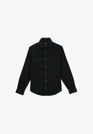 Tume sinine pika varrukaga särk pehmest kangast, millel on kaks rinna taskut, nööbiga esiosa ja klassikaline krae.