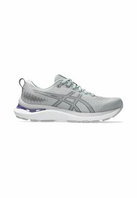 Gray athletic shoe with a textured mesh upper, lace-up design, and a cushioned white sole featuring a purple accent in the heel area.
