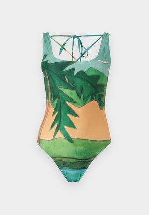 Ολόσωμο μαγιό με πολύχρωμο τροπικό σχέδιο φύλλων και τοπίου, με λεπτές διασταυρούμενες τιράντες στο πίσω μέρος.