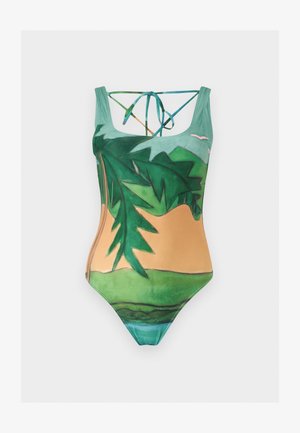 Ολόσωμο μαγιό με πολύχρωμο τροπικό σχέδιο φύλλων και τοπίου, με λεπτές διασταυρούμενες τιράντες στο πίσω μέρος.