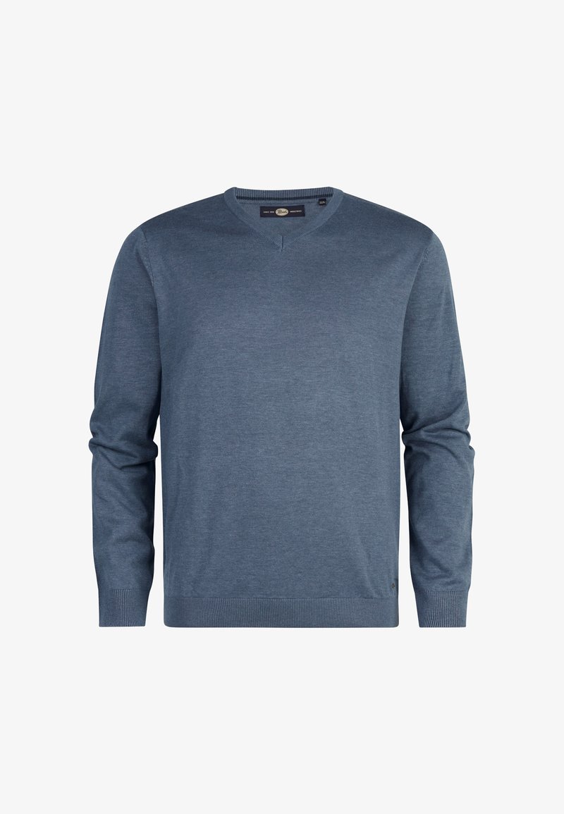 Blauwe V-hals trui in een effen kleur, heeft lange mouwen, ribgebreide manchetten en onderrand, gemaakt van zacht breiwerk. Geen patronen of accenten zichtbaar.