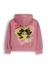 Różowa bluza z kapturem o krótkim kroju, z bufiastymi rękawami i nadrukiem przedstawiającym postacie z kreskówek na tle odcieni limonkowej zieleni.