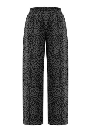 Pantalon à jambes larges avec motif léopard noir et gris et ceinture élastique, vue de face sur fond blanc.