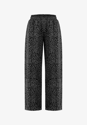 Pantalon à jambes larges avec motif léopard noir et gris et ceinture élastique, vue de face sur fond blanc.