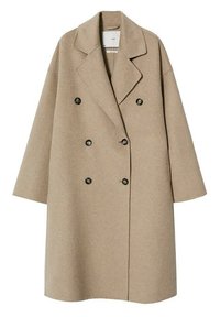 Beige dubbelgeknoopte jas van een wolmix, met een reverskraag, grote zwarte knopen en wijde mouwen voor een ontspannen pasvorm.