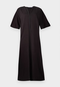 Black dress with short sleeves, featuring a front zipper and a simple, straight silhouette. Made from a smooth, lightweight fabric.