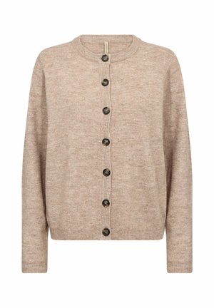 Beige knitted cardigan featuring a round neckline, long sleeves, and seven black buttons down the front. Soft texture with a subtle pattern.