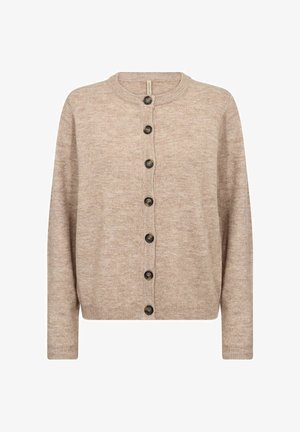 Beige pletený kardigan s kulatým výstřihem, dlouhými rukávy a sedmi černými knoflíky vpředu. Měkčená textura s jemným vzorem.