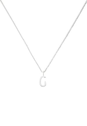 Silver chain necklace featuring a single, uppercase letter 'G' pendant, smooth surface, simple design, and reflective finish.